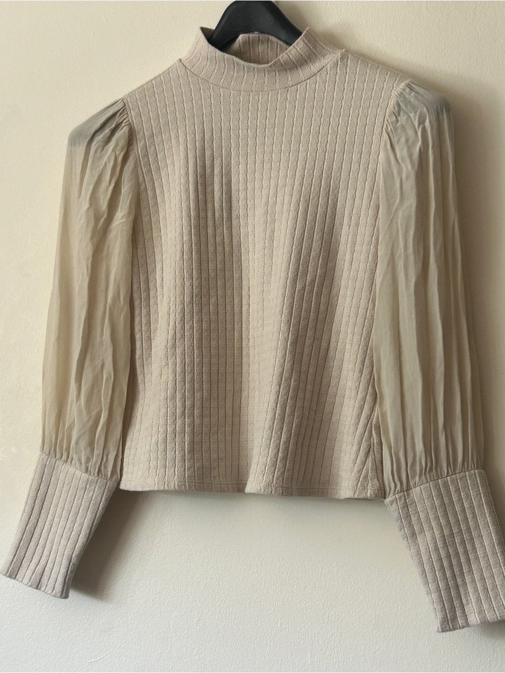 LK Bennett Cream Knit Silk Long Sheer Sleeve mock neck capsule office modest